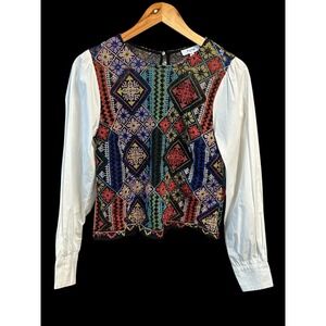 Fate Embroidered Top Colorful Geometric Blouse Long Sleeve‎ Size Small S